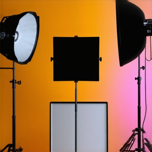 Professional studio lighting with softboxes and RGB panels showing positioning and diffusion techniques.