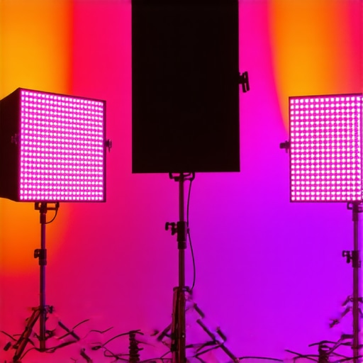 Studio with RGB LED lights, softboxes, and calibration tools for optimal virtual background integration.